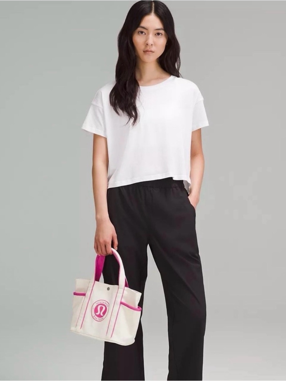 lululemon athletica Canvas Mini Tote in White with Pink Trim
